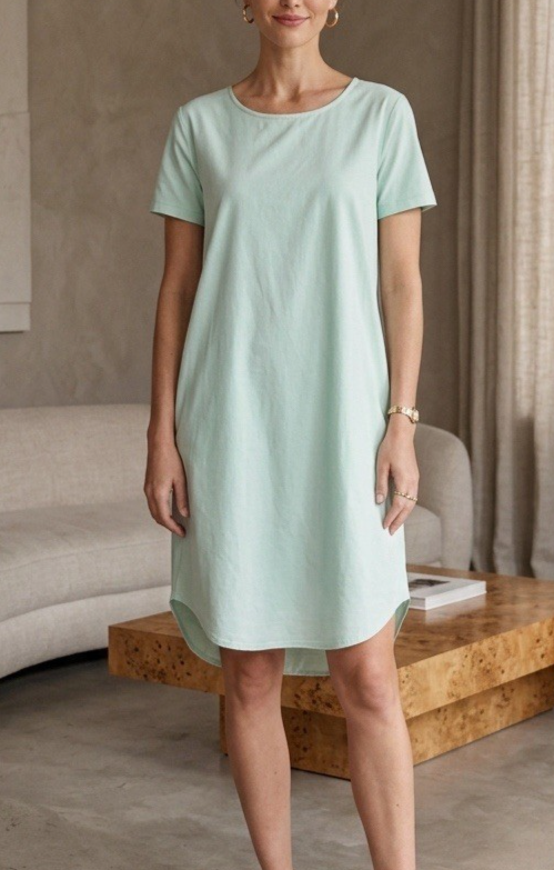 mint green short sleeve dress Cut Loose Womens Size M Organic Cotton Pockets logos