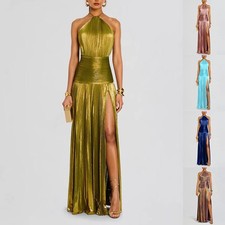 Sexy Pleated Halter Neck Long Dresses Summer Split Sleeveless Dress Evening Part