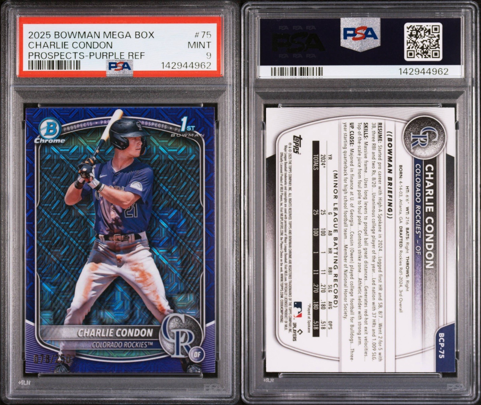 Charlie Condon 2025 Bowman Chrome Mega Box #75 PSA 9 /250 color match 🔥💥 view 2