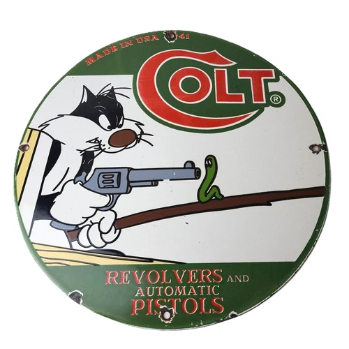 Vintage Colt Firearms Sign - Cat Revolver Gun Shop Ammo Porcelain Gas Pump Sign