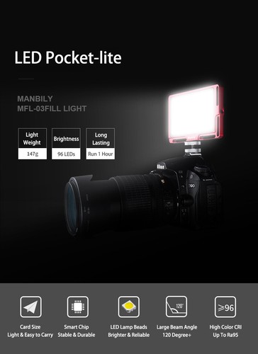 Manbily LED Fill Light MFL-03 Pocketlite Bi-Color Dimmable Photo Video Light - Picture 5 of 27