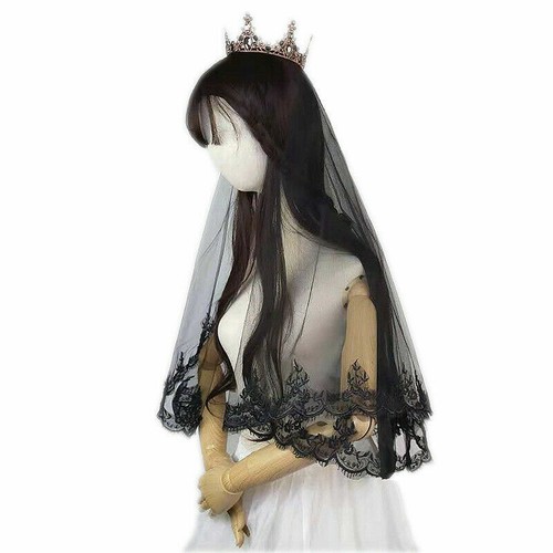 Velo da sposa nero con pettine pizzo sposa tulle Halloween festa abito cosplay - Foto 8 di 18
