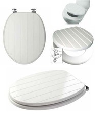 White Tongue And Groove Toilet Seat Wood Wooden Strong Chrome Plated Hinges 9228