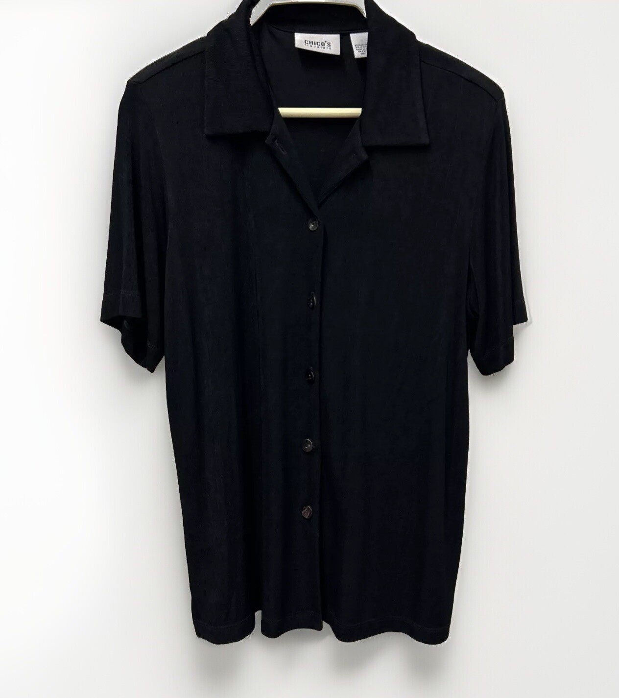 Chicos Tunic Shirt 1 Black Button Front  Acetate Knit Shoulder Pads Slinky VTG