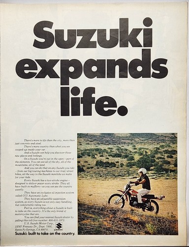 1972 Suzuki Motorcycles Expands Life Retro Original Color Print Ad Life Magazine