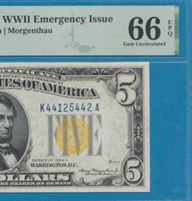 $5.00  1934-A  NORTH AFRICA YELLOW SEAL  BEAUTIFUL, BRIGHT, PMG GEM NEW 66EPQ