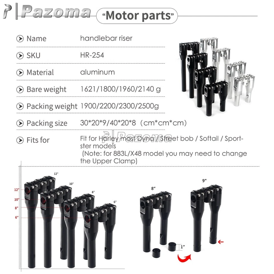 Elevadores de manillar de motocicleta de 6" 8" 10" 12" para Harley Dyna Street Bob FXD barra de 1" Foto 4 de 4