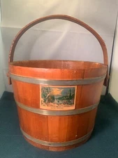 Vtg wooden firkin sugar bucket w swing handle 9 1/2" H w Skating Moonlight label