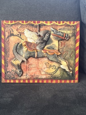 Vintage Keramik Relied Plakette Pegasus fliegendes Karussell Pferd selten signiert 