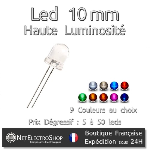 Led 10mm Haute Luminosité, 9 couleurs au choix (mélange possible), 5 à 50 Leds - Bild 1 von 1