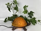 Vtg Tiffany Style Frosted Amber Glass Shell Turtle Table Lamp Night Light Brass