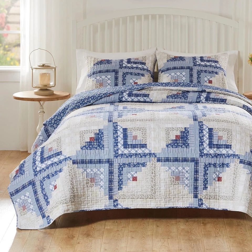 FARMHOUSE LOG CABIN BLUE 3pc King / Cal QUILT SET : COZY COTTAGE FLOWERS PLAID - Image 2 of 4