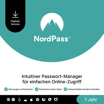 NordPass Premium, unbegrenzte Geräte, 1 Jahr, Passwort-Manager, digitaler Code