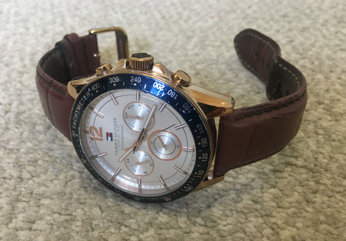 tommy hilfigfer 1791118 luke rose gold brown leather men's multi function  watch