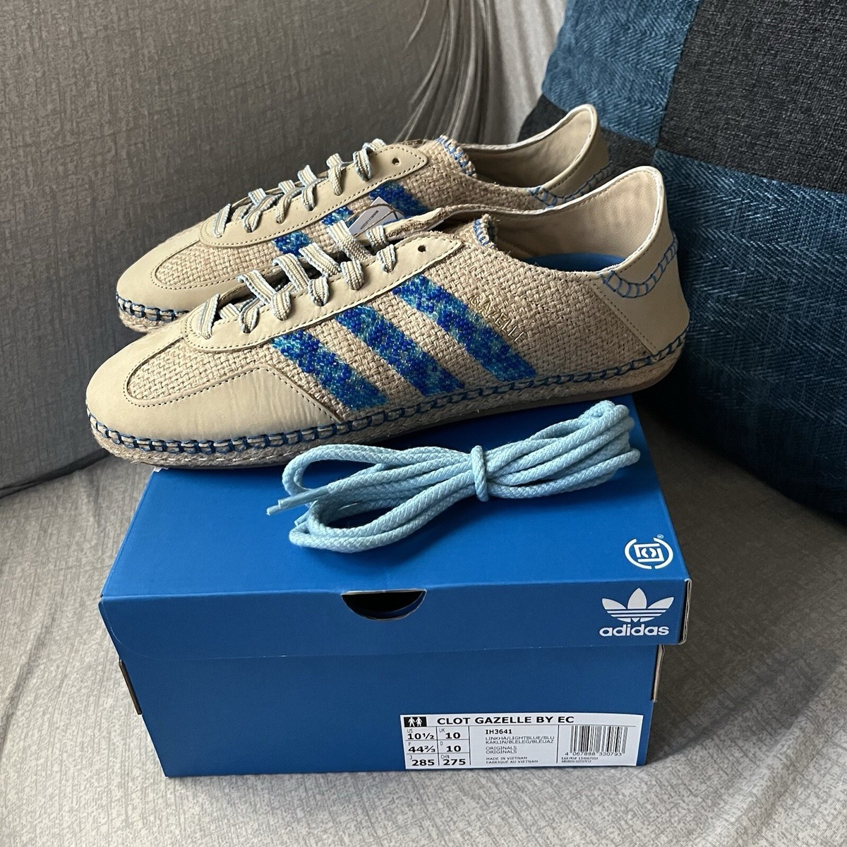 adidas gazelle silver green womens adidas IH3641 Clot x Gazelle Linen Khaki Light Blue Mens Lifestyle Shoe main image 1
