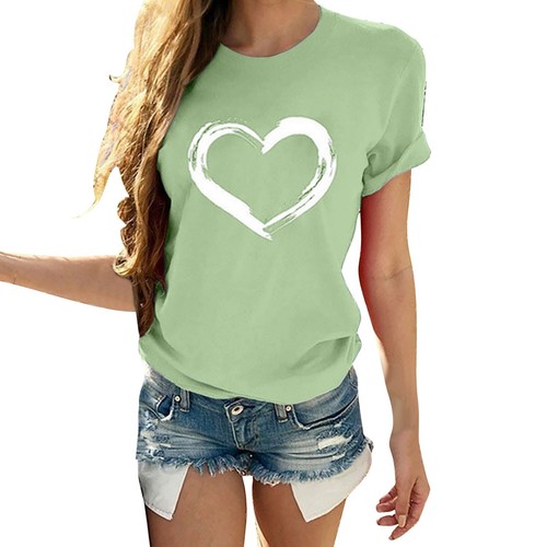 Women Short Sleeves O Neck Tops Ladies Heart Shaped Print Casual Blouse T Shirts - Picture 40 of 63