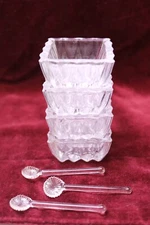 Princess House 4 Crystal Square Salt Cellars with 3 Spoons Starburst