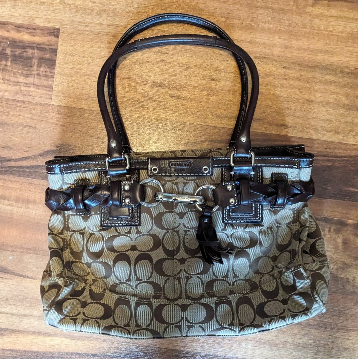 Coach Signature Hampton Braided Coral Trim Purse Handbag NoD1032