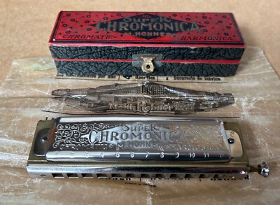 Die Super Chromonica M.Hohner mit Originalkarton, Germany 20er Jahre mit Werbeblatt