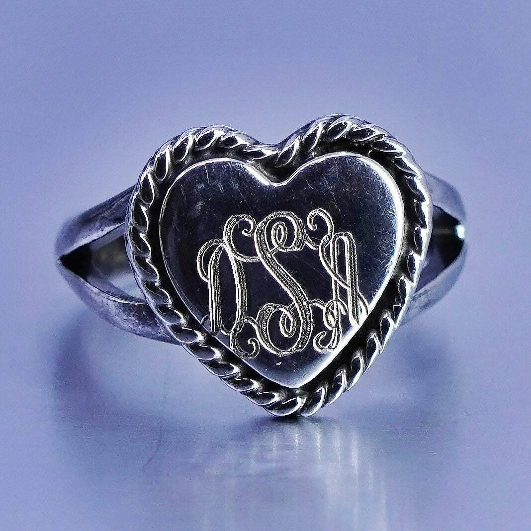 Size 7, Sterling 925 silver handmade heart ring, monogram initial “DSA” band