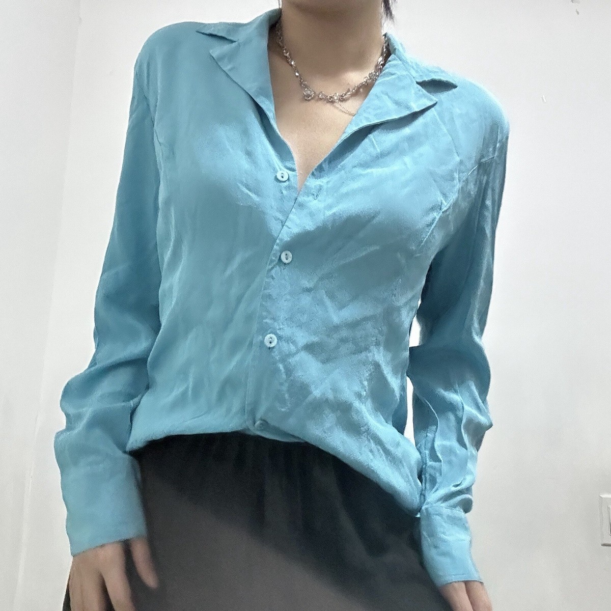 Austin Reed 100% Silk Blouse Button Up Collared Shirt Blue