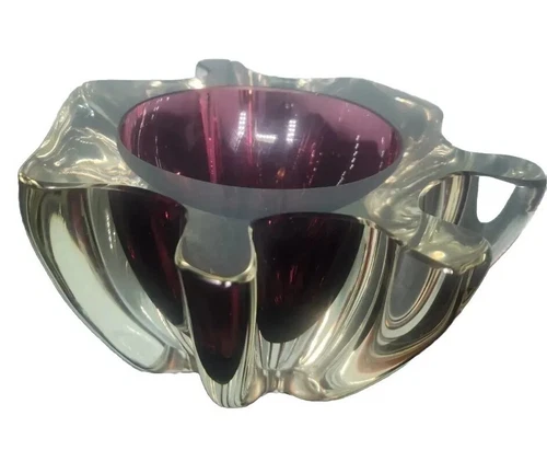 Val St Lambert, Murano, vintage art glass sommerso ashtray dish bowl, Cranberry
