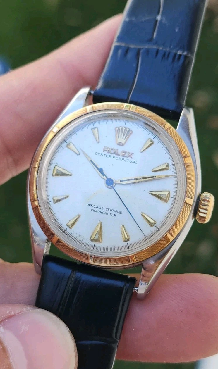 Rolex Oyster Perpetual 6085 Semi Bubble Back Automatic Gold Bezel Men's Watch 