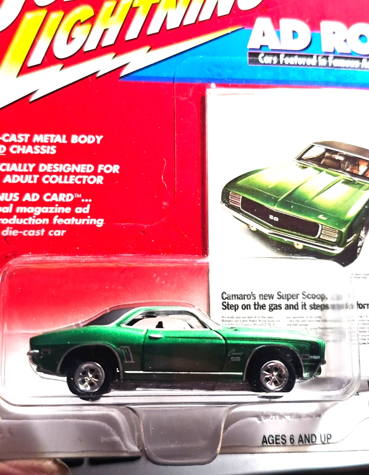 Chevy Camaro RS/SS 1969 Johnny Lightning Ad Rods verde sin usar, en caja con interior superior negro Foto 3 de 4