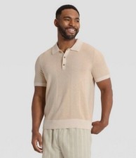 Goodfellow  Co Men's Short Sleeve Johnny Collar Polo Sweater, M - Oatmeal