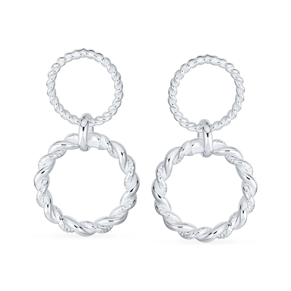 Pendientes colgantes redondos geométricos clásicos doble círculo aldaba plata de ley Foto 2 de 4