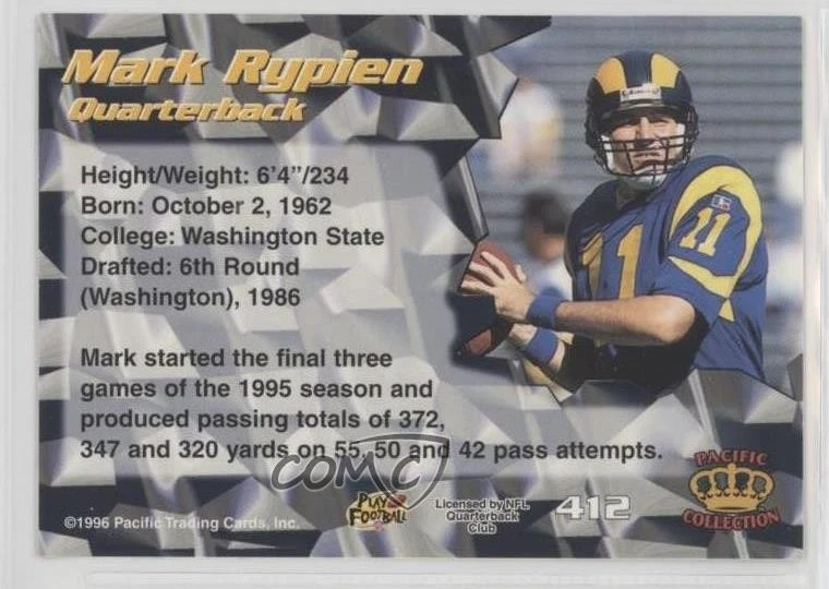1996 Pacific Crown Collection Mark Rypien #412 - Image 2 of 2