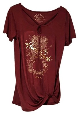 Hard Rock Womens Maroon Graphic Logo Knotted Front Scoop Neck Top Cap Sleeve Med