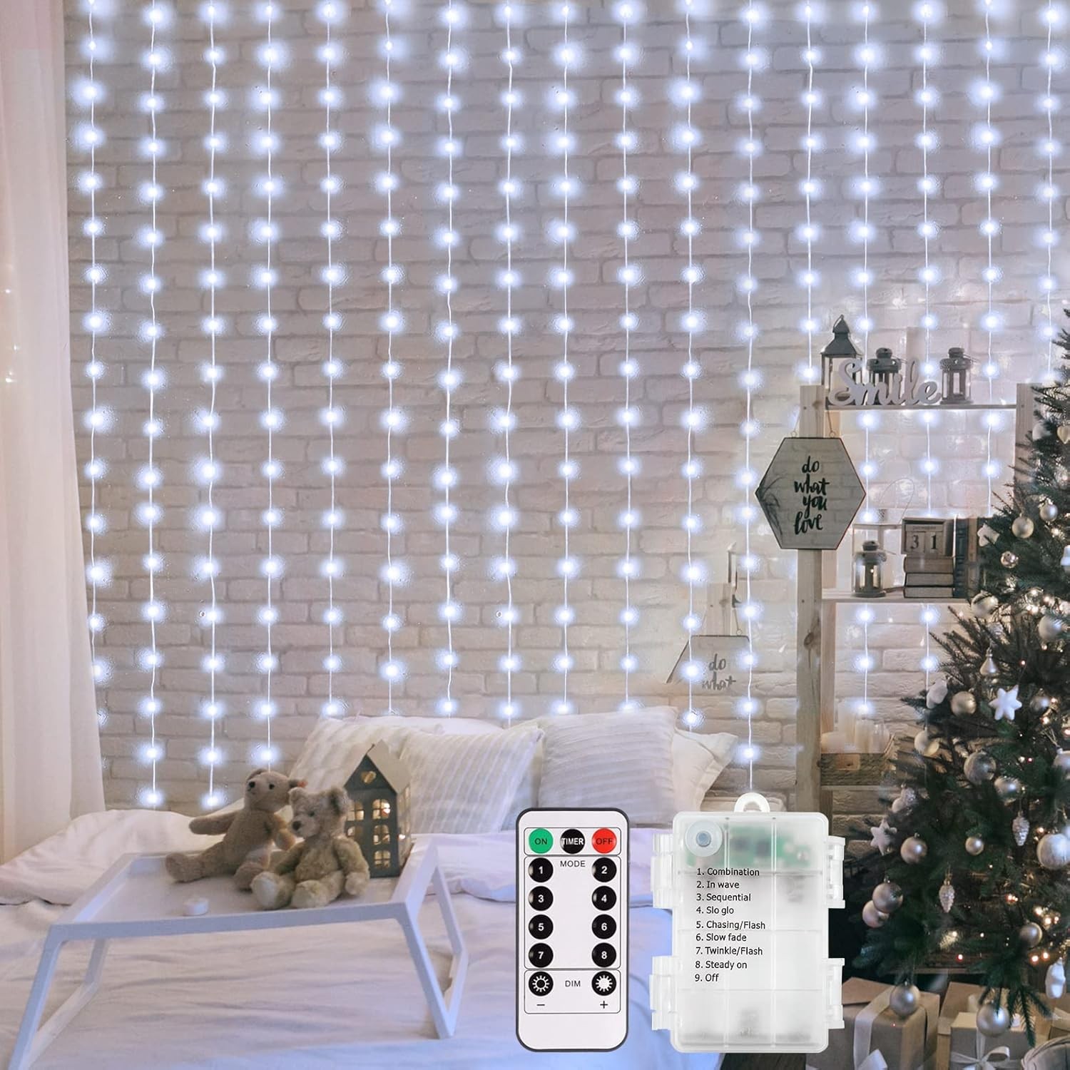 echosari Battery Operated Curtain String Lights, 2×2M 200 LED Curtain Icicle W