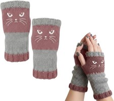 Women  s Knitted Fingerless Gloves with Cute Cat Embroidery,Fingerless Gloves