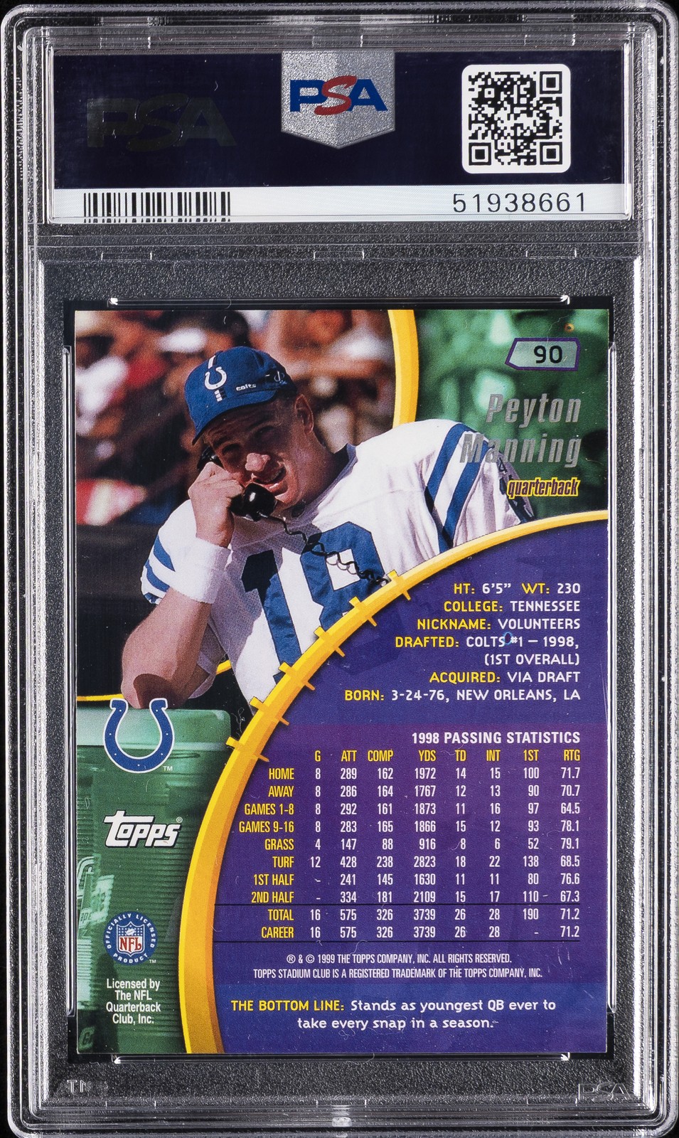 1999 TOPPS STADIUM CLUB #90 PEYTON MANNING PSA 10 view 2