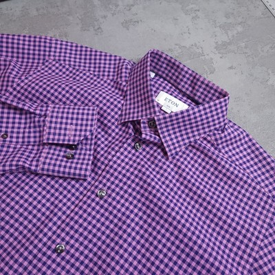 Eton Karohemd Herren 16,5 Large Slim Fit lila blau Punktkragen Knopf