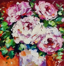 original oil painting Rose Peony impasto flowers vase artwork Floral art 6*6 in