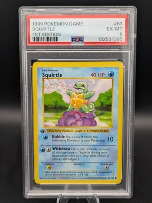 1999 POKEMON BASE SET 1ST EDITION SHADOWLESS #63 SQUIRTLE PSA 6