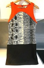MANGO SUIT red orange black grey ANIMAL print colour block dress Size 10 12