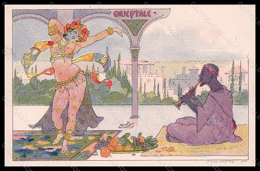 Artista Firmato Lessieux Risque Lady Coppia Orientale Art Nouveau pc VK7825