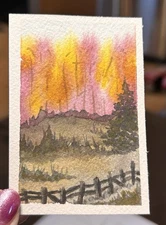 ACEO Original Watercolor Painting Landscape Nature Countryside, 2.5x3.5 Inches