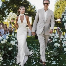 V-Neck Halter Mermaid Wedding Dress Boheimian Backless Sweep Train Bride Gowns