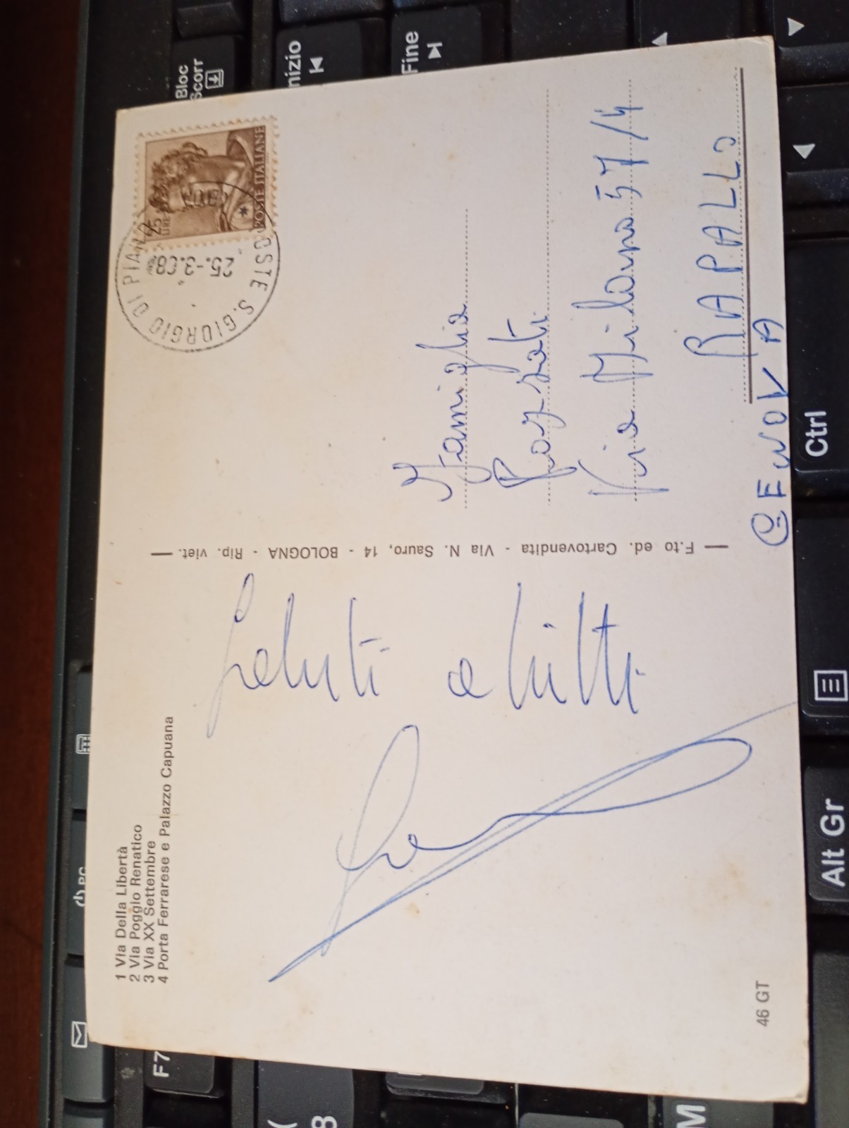 Cartolina S. Giorgio di piano Saluti 4 Ved. Kolor Spedita 1968 Bologna