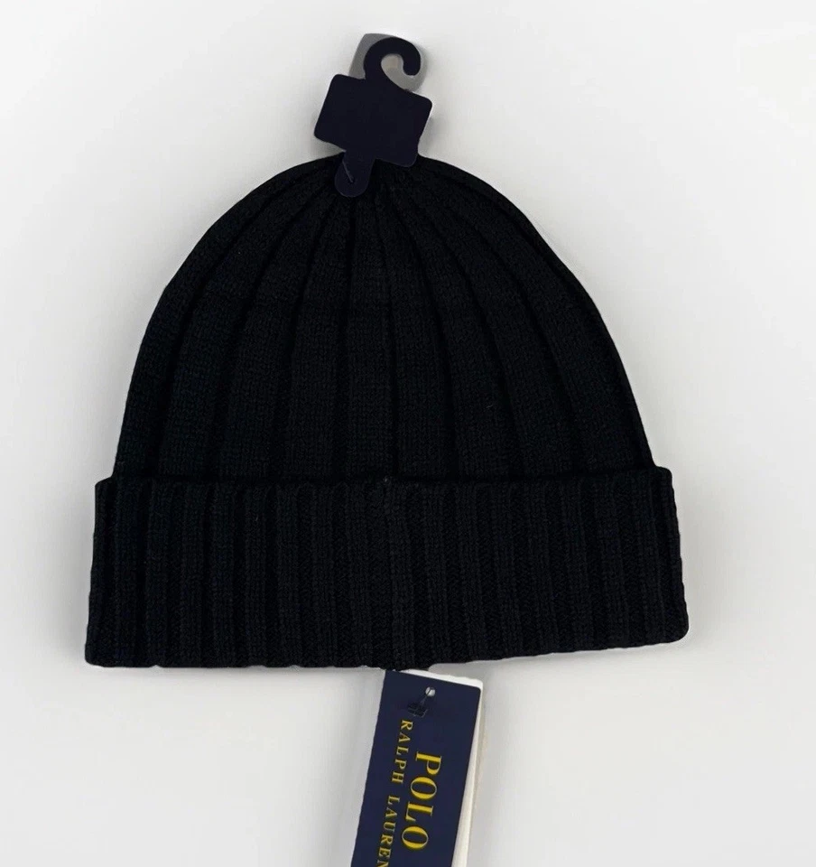 NUEVO CON ETIQUETAS Polo Ralph Lauren Para hombres Poni Negro Mezcla de Lana Gorro Puño Tejido Acanalado Sombrero Foto 2 de 3