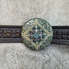 Beth Frank 70s Vintage Embossed Leather Belt Metal Crystal Flower Buckle Size 36