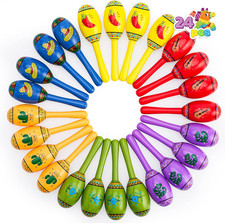 24 Mini Wooden Fiesta Maracas 6 Designs Noisemaker for Mexican Fiesta, Cinco De