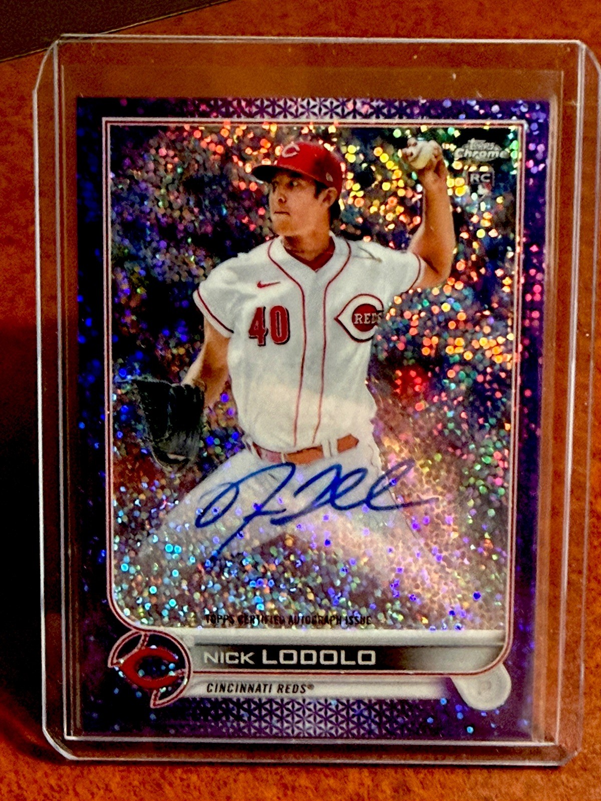 2022 Topps Chrome Purple Speckle Refractor 296/299 Nick Lodolo Rookie Auto RC