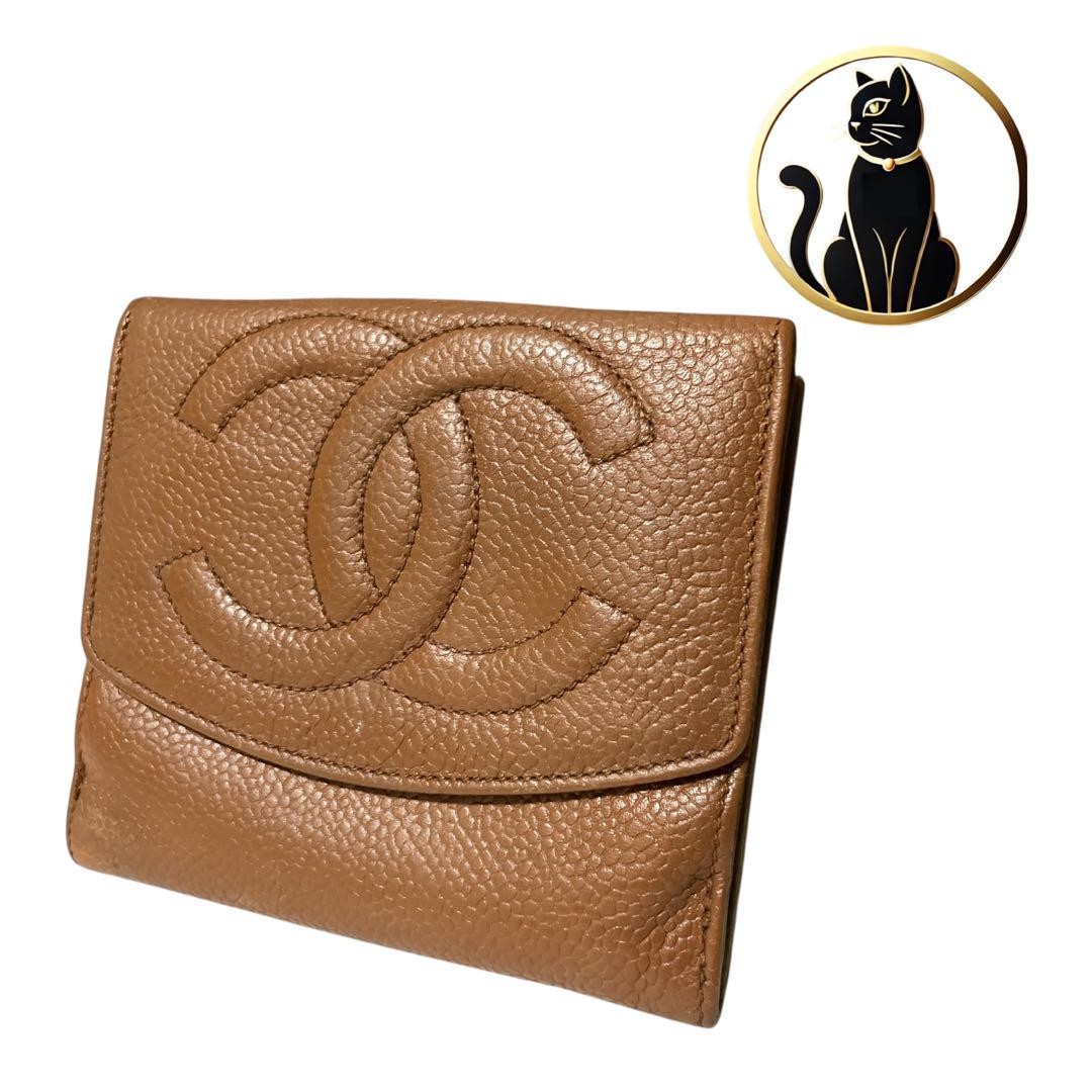 Chanel Bifold Wallet Caviar Skin Big Coco Mark Brown