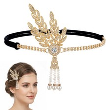 JJUNW 1920s Flapper Headband, Leaf Rhiestones Headpiece Bride Wedding Head Ba...