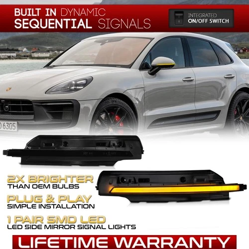 Sequential LED Side Mirror Turn Signal Smoked Lamps For 2015-2022 Porsche Macan